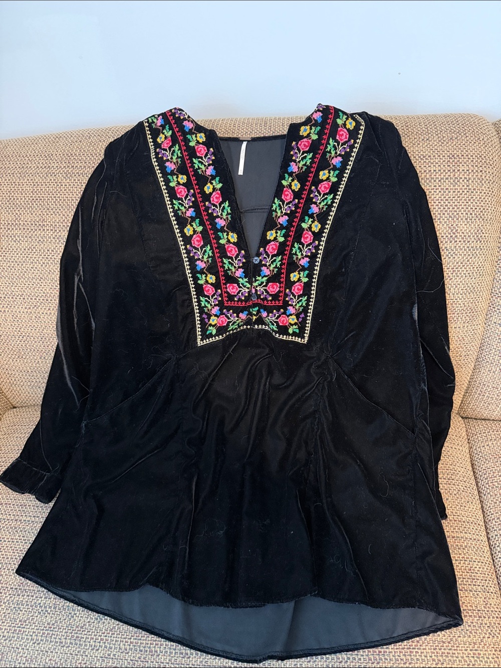 Free People Black Velvet Tunic with Multicolor Floral Embroidery